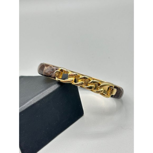 Vintage Brown Snakeskin Bracelet Gold Plated Chain Style 80s 90s Costume Jewelry - Picture 5 of 7